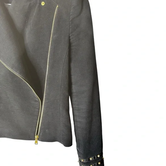 Zara Velvet Like Moto Bomber Collarless Jacket w/ Gold Zipper & Stud Detail sz M - Picture 7 of 16